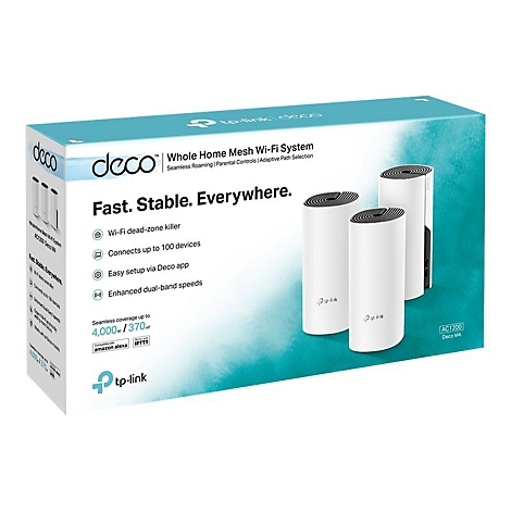 Hellblaues Produktpaket mit drei weiÃŸen Mesh-WLAN-GerÃ¤ten. Aufschrift: Fast. Stable. Everywhere.