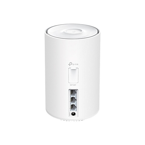Weißer, zylindrischer WLAN-Router. Auf der Rückseite Anschlüsse, darunter 'EXT ANT' und 'POWER'. Logo von tp-link.