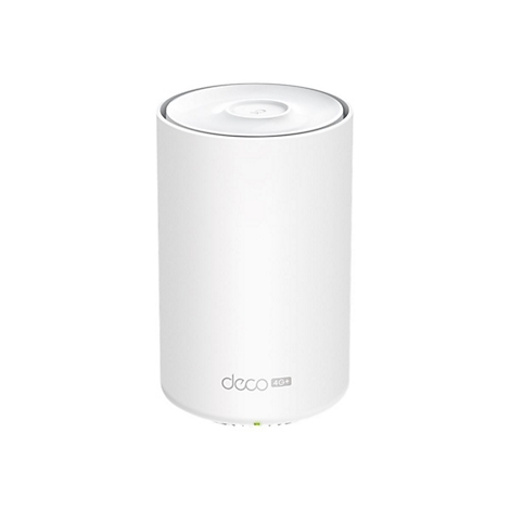 Weißer zylindrischer Router mit abgerundeter Oberseite. Aufschrift 'deco 4G+'.