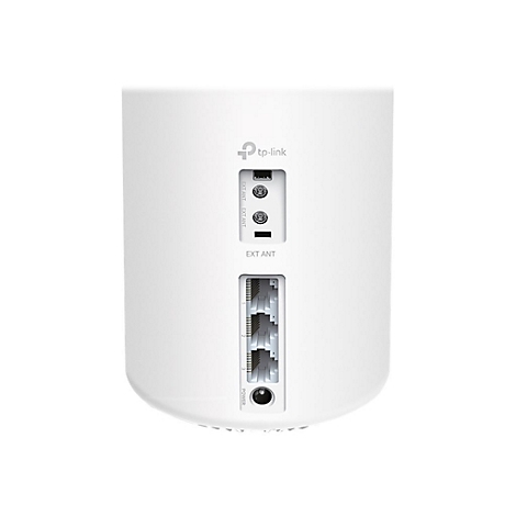 Nahaufnahme eines weißen TP-Link-Routers mit Anschlüssen, beschriftet mit 'EXT ANT' und 'POWER'.