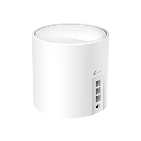 Routeur Wi-Fi cylindrique blanc avec ports et logo.