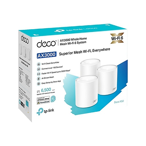 Boîte du produit TP-Link Deco X50, avec trois cylindres blancs, le logo Wi-Fi 6 et du texte.