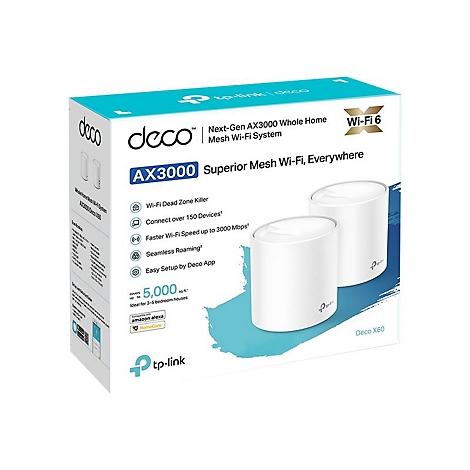Eine weiÃŸe Produktverpackung mit zwei weiÃŸen Deco-GerÃ¤ten. Aufschrift: AX3000, Mesh Wi-Fi System.