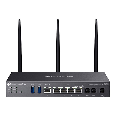 Routeur noir avec trois antennes, différents ports et indicateurs LED. La marque tp-link est visible.