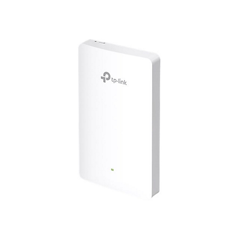 Weißer WLAN-Router von tp-link, mit grünem Indikatorlicht, auf weißem Hintergrund.
