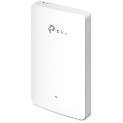 Weißes, rechteckiges TP-Link-Gerät, Logo, LED-Licht, abgerundete Kanten.