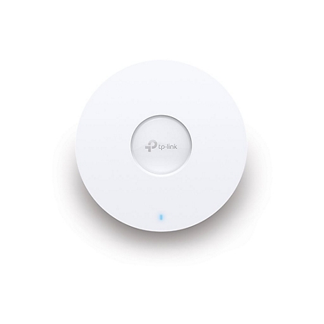 Routeur Wi-Fi rond et blanc avec le logo TP-Link au centre. Une LED bleue est allumée en bas.