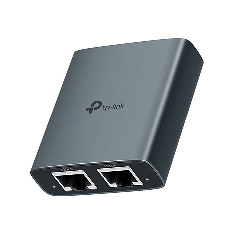 Ein grauer Netzwerkadapter von TP-Link mit zwei Netzwerkanschlüssen. Aufschrift: 1Gpbs.