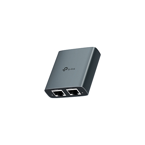 Grauer TP-Link-Netzwerkadapter mit zwei Ethernet-Anschlüssen. Das Logo ist auf der Oberfläche zu sehen.