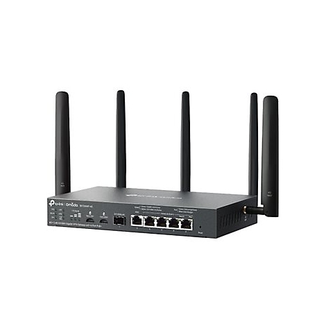 Vue de dessus d'un routeur noir avec antennes. Des connexions et des étiquettes sont visibles à l'avant.
