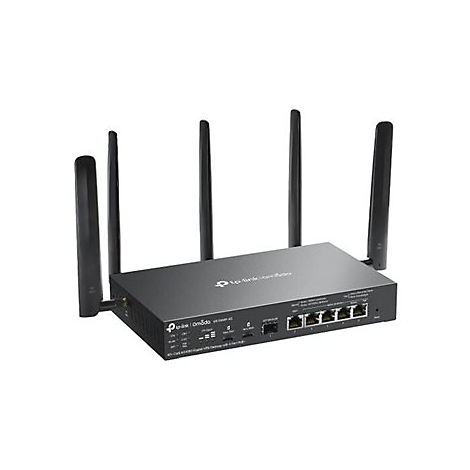 Routeur noir avec quatre antennes, vue de dessus, sur fond blanc. Logo TP-Link.