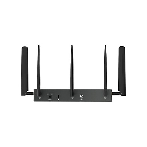 Routeur noir avec 5 antennes sur fond blanc. Deux antennes oblongues et trois antennes droites.