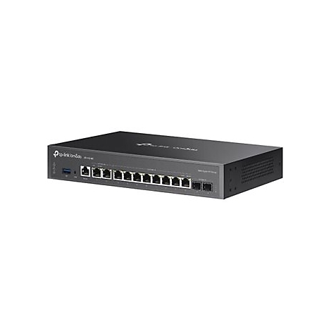 Routeur noir de TP-Link Omada. Face avant avec ports, USB et lettrage. Sur fond clair.
