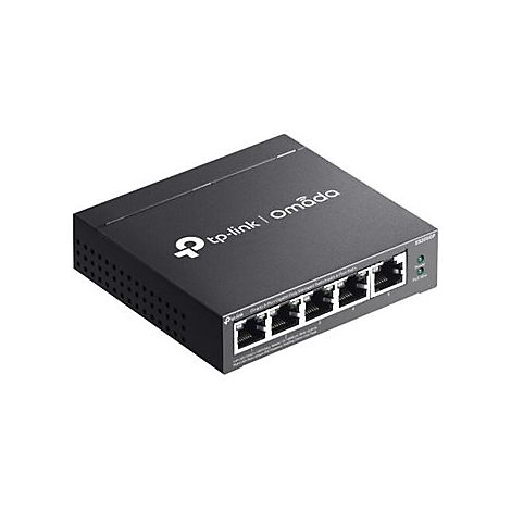 Commutateur réseau tp-link Omada noir, avec ports, étiquettes et voyants verts.