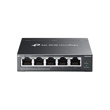 Commutateur réseau tp-link noir, modèle Omada, avec 5 ports et indicateurs LED.