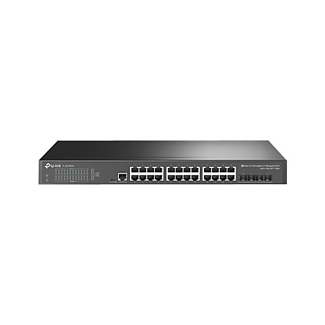 Ein schwarzer TP-Link Switch mit zahlreichen Netzwerkanschlüssen. Das Gerät steht vor weißem Hintergrund.