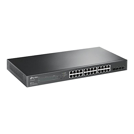 Schwarzer Netzwerk-Switch, TP-Link-Marke, mit 24 Ports, auf weißem Hintergrund.