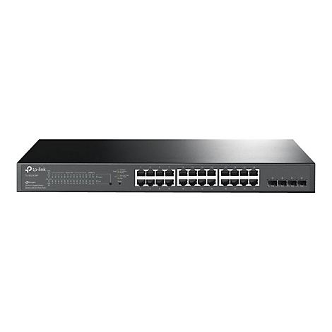 Schwarzer Netzwerk-Switch mit Ports und Beschriftungen, Marke TP-Link, vor weißem Hintergrund.