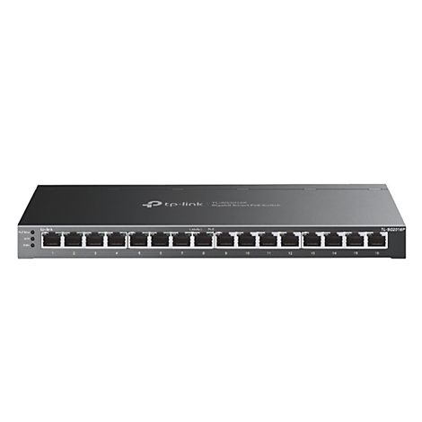 Un commutateur PoE Gigabit Smart TP-Link noir avec 16 ports, sur fond blanc. Les ports sont numérotés.