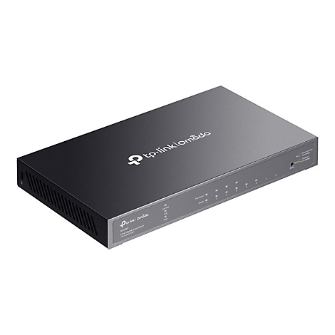 Commutateur intelligent Gigabit 8 ports TP-Link Omada noir. Logo en haut à gauche. Indicateurs en haut à droite. Ports en façade.