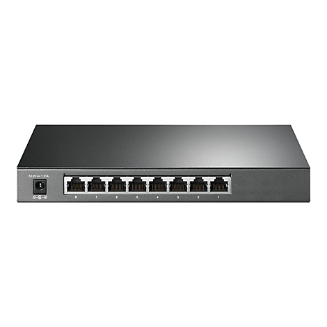 Ein grauer Netzwerk-Switch mit acht AnschlÃ¼ssen. Auf der OberflÃ¤che befinden sich die AnschlÃ¼sse und eine Stromversorgung.