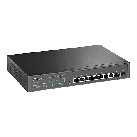 Commutateur TP-Link noir, huit ports Ethernet, ports SFP, LED. Logo et nom du modèle.