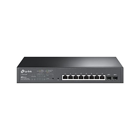 Un commutateur réseau TP-Link noir, vue de face avec ports et LED.