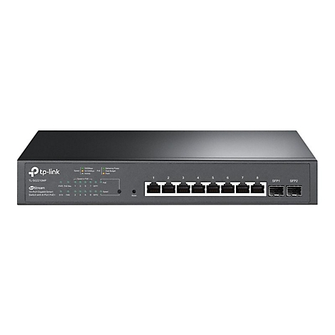 Commutateur TP-Link noir avec 10 ports et connexions de câbles.