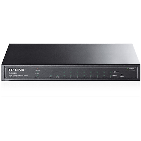 Commutateur TP-Link noir, Gigabit 8 ports, avec indicateurs pour PoE, système, alimentation et ports.