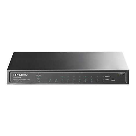 Commutateur TP-Link noir, modèle TL-SG2210P, avec ports, indicateurs et étiquettes. L'appareil est posé sur une surface claire.