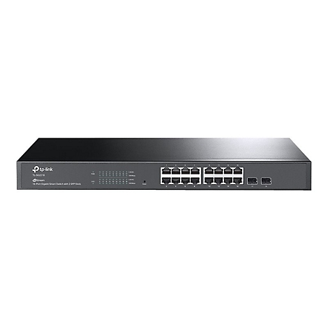 Un commutateur TP-Link noir, vue de face, avec 16 ports, numérotés de 1 à 16. Inscription : TL-SG2218, Commutateur Gigabit Smart 16 ports.