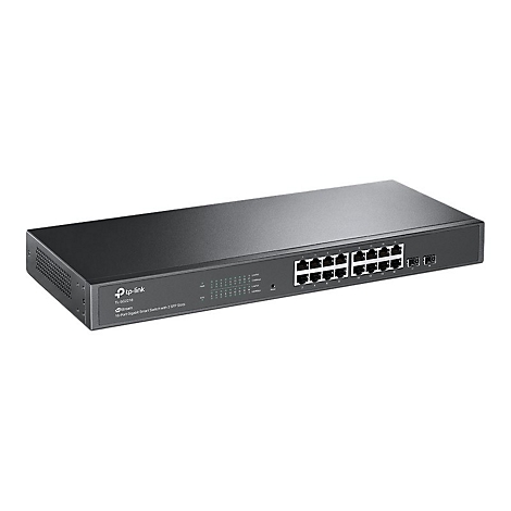 Schwarzer Netzwerk-Switch von tp-link, 16 Ports. Beschriftung: 16-Port Gigabit Smart Switch.
