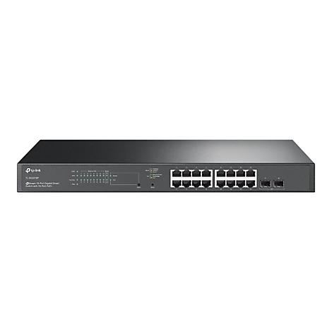 Schwarzer TP-Link Switch, Modell TL-SG2218P, mit Anschlüssen und Anzeigen.