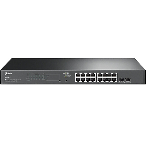 Schwarzer Netzwerk-Switch mit 16 Ports. Aufschrift: TP-Link, TL-SG2218P. 16 Ports, Kontrollleuchten, Reset-Knopf.