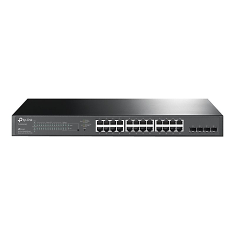 Ein schwarzer TP-Link Netzwerk-Switch, zahlreiche Ports, weißer Hintergrund.