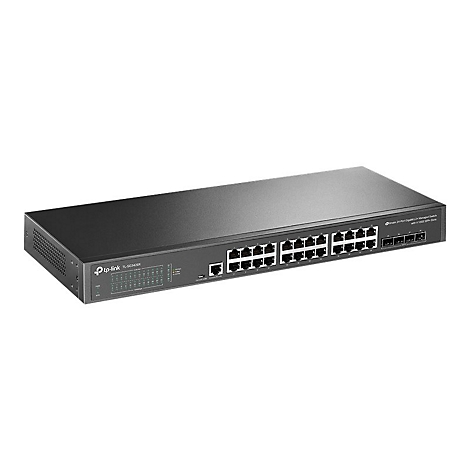 Commutateur réseau noir avec ports, logo tp-link à l'avant. Étiquette : Commutateur Gigabit L2+ géré à 24 ports avec 4 emplacements 1G/SFP.