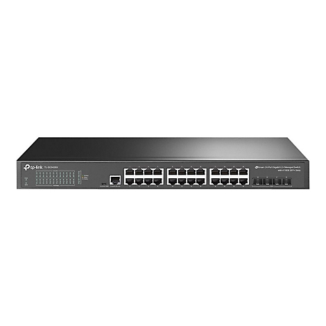 Un commutateur TP-Link noir avec 24 ports, des connexions et les mots "24-Port Gigabit L2 Managed Switch."