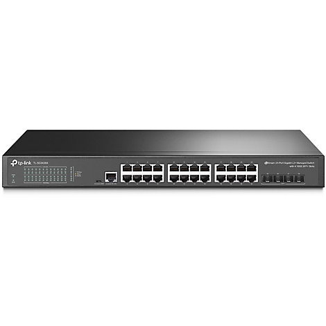 Un commutateur TP-Link noir, vue de face, avec de nombreux ports et connexions.