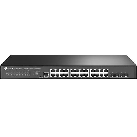 Ein schwarzer TP-Link Netzwerk-Switch mit 24 Ports, Frontansicht, vor weißem Hintergrund. Zahlreiche Ports und Leuchten sichtbar.
