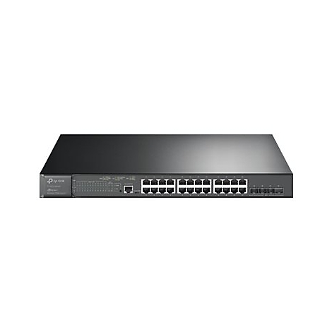 Schwarzer TP-Link Netzwerk-Switch mit 24 Ports. Auf weißem Hintergrund.