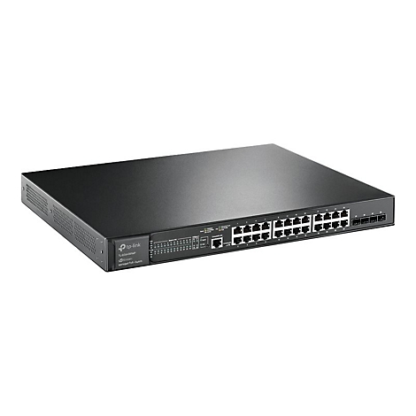 Schwarzer Netzwerk-Switch von TP-Link, Vorderansicht.