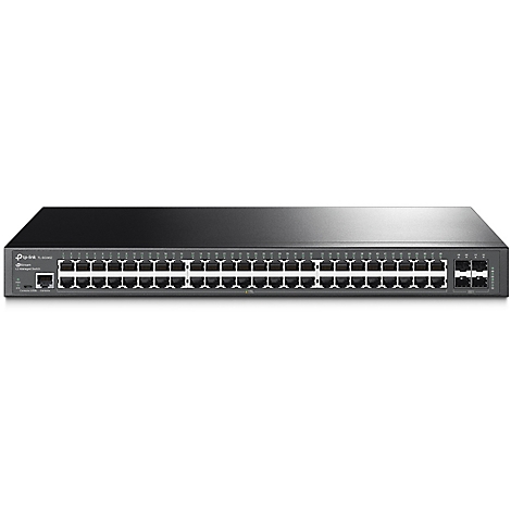 Un commutateur géré L2 TP-Link noir avec plusieurs ports RJ45. Inscription : TL-SG3452, 52 ports.