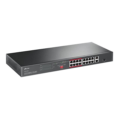 Ein schwarzer Netzwerk-Switch mit vielen AnschlÃ¼ssen, rot umrandet.