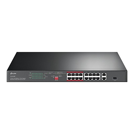 Schwarzer Switch mit 16 Ports. Die Ports 5-8 sind rot markiert. Aufschrift: TP-Link.