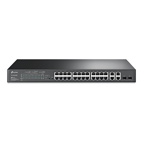 Schwarzer TP-Link TL-SL2428P Netzwerk-Switch mit 24 Ports vor weißem Hintergrund.