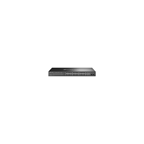 Schwarzer Netzwerk-Switch mit 24 Ports, TP-Link-Logo, Frontansicht.