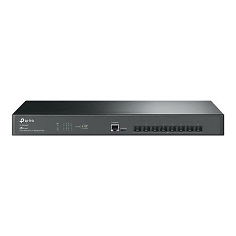 Ein schwarzer TP-Link Netzwerk-Switch, zahlreiche Anschlüsse, SFP+.