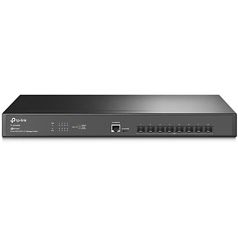 Ein schwarzer TP-Link Switch, Modell TL-SX3008F. Auf der Vorderseite befinden sich Anschlüsse, LEDs und Beschriftungen.