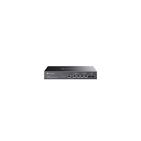 Ein schwarzer TP-Link-Router mit Anschlüssen, Beschriftung und grünen Lichtern.