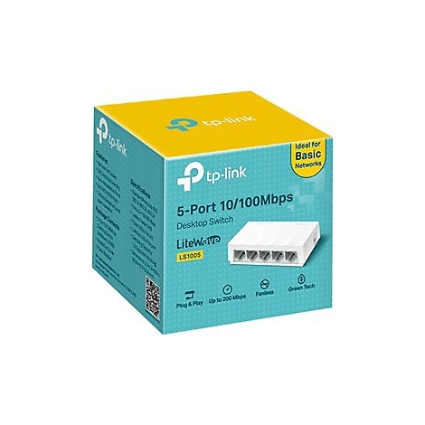 Ein weiÃŸer TP-Link 5-Port Desktop Switch, verpackt in einem gelb-tÃ¼rkisen Karton.